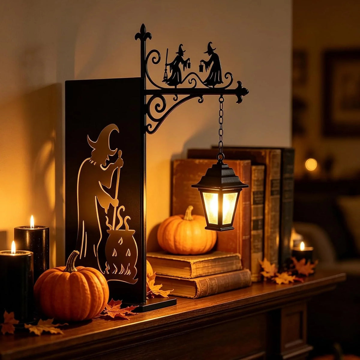 Haunted Hollow Lantern hero background - witch lantern with pumpkins and candles
